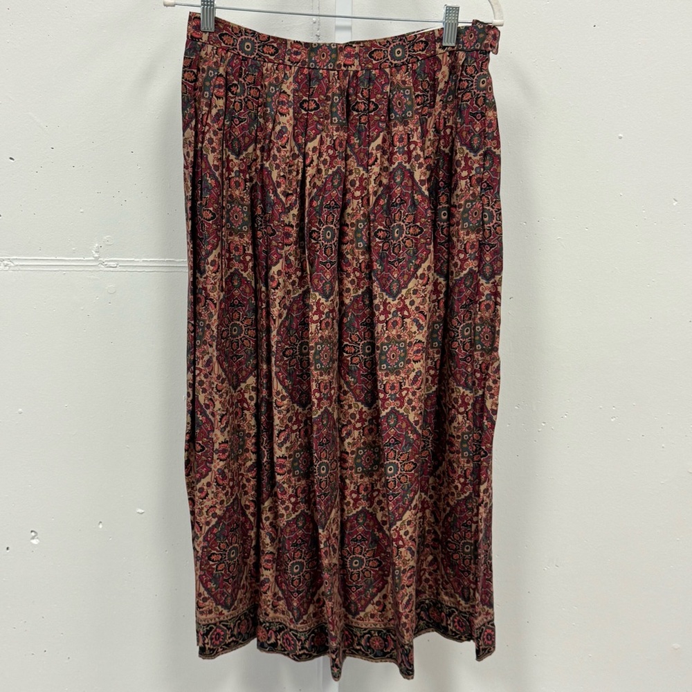Vintage JS Collectibles Boho Paisley Pleated Midi High Waist Skirt Burgundy‎